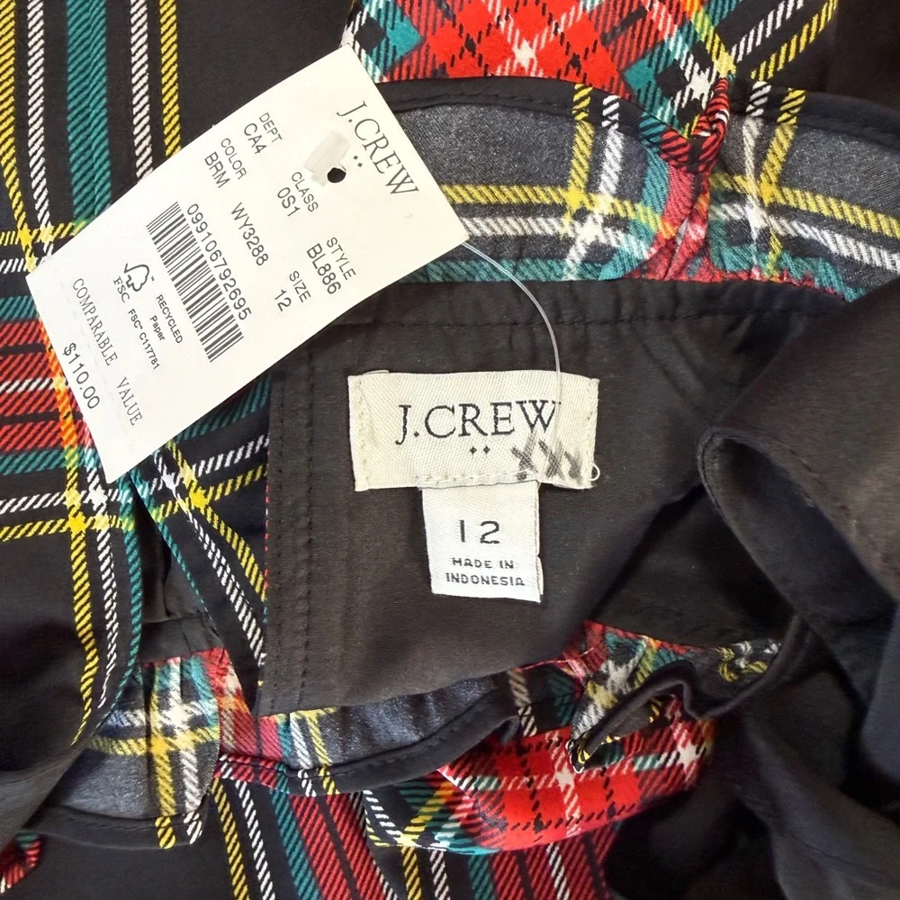 NWT J.Crew Black Tartan Plaid Bow Neck Midi Dress Size 12